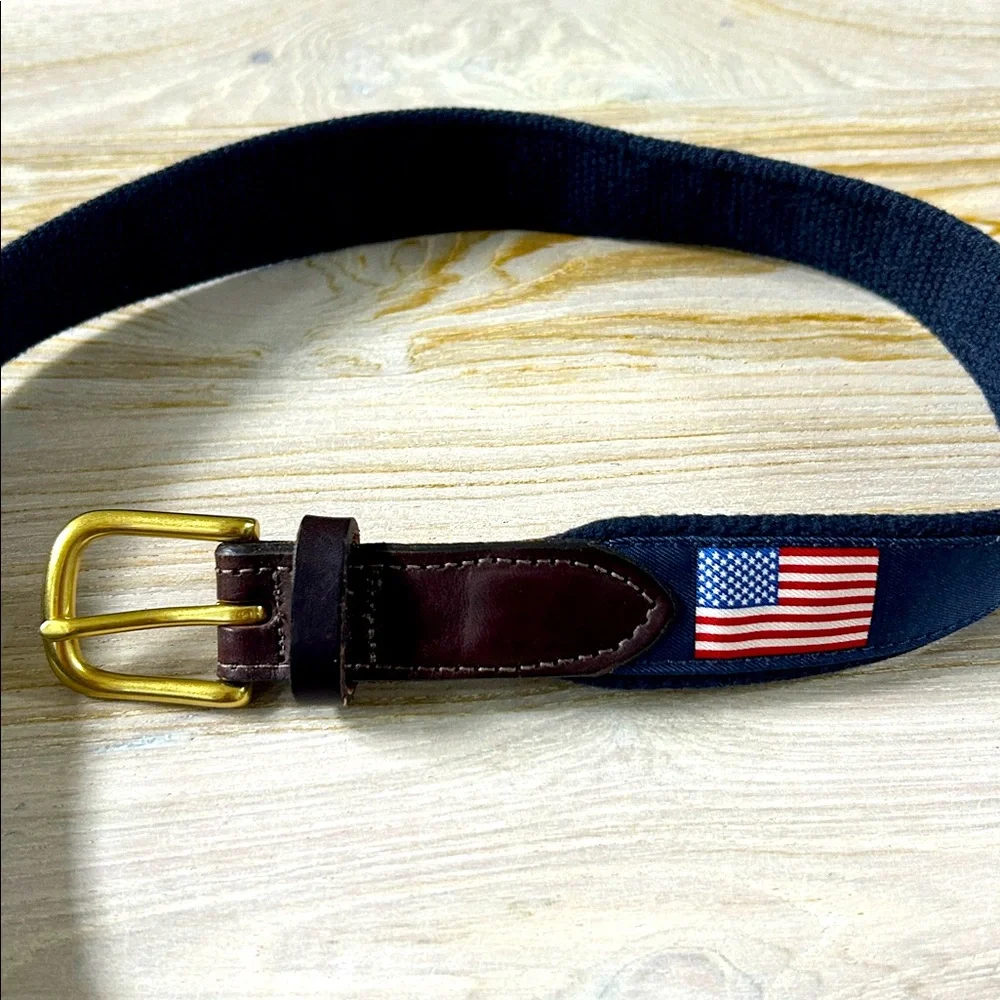 Vineyard Vines Navy Blue Canvas Belt with American Flag Patch